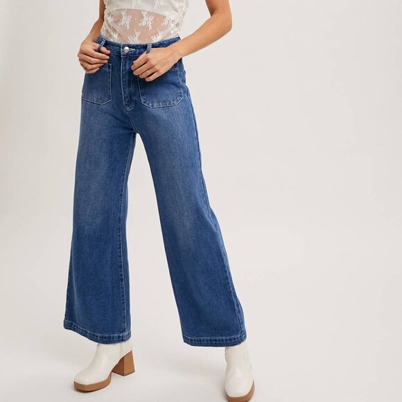 Bluivy HIGH RISE WIDE LEG DENIM JEANS dark wash - Picture 1 of 5